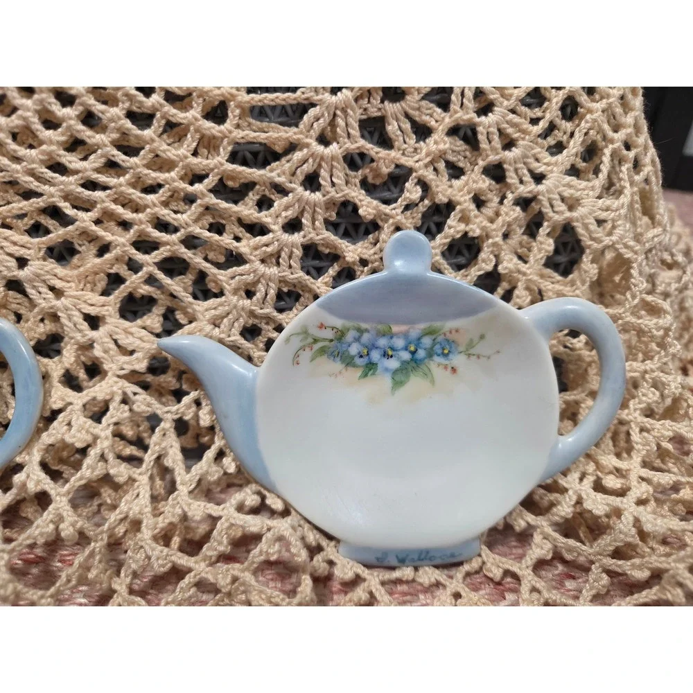 Vintage Signed J Wallace Porcelain Teapot Tea Bag Holder Coasters Set of 2 Blue